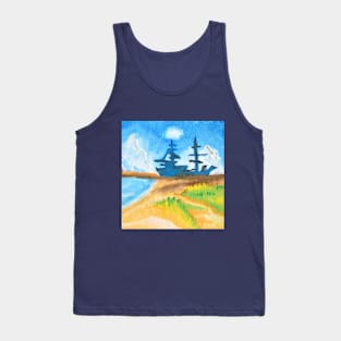 Beautiful Boat Beach Scenery - Watercolor on Canvas Tank Top